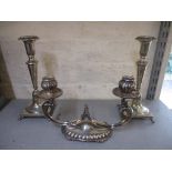 Pair of Italian silver candleholders with leaf decoration, square bases on paw feet, stamped '800'