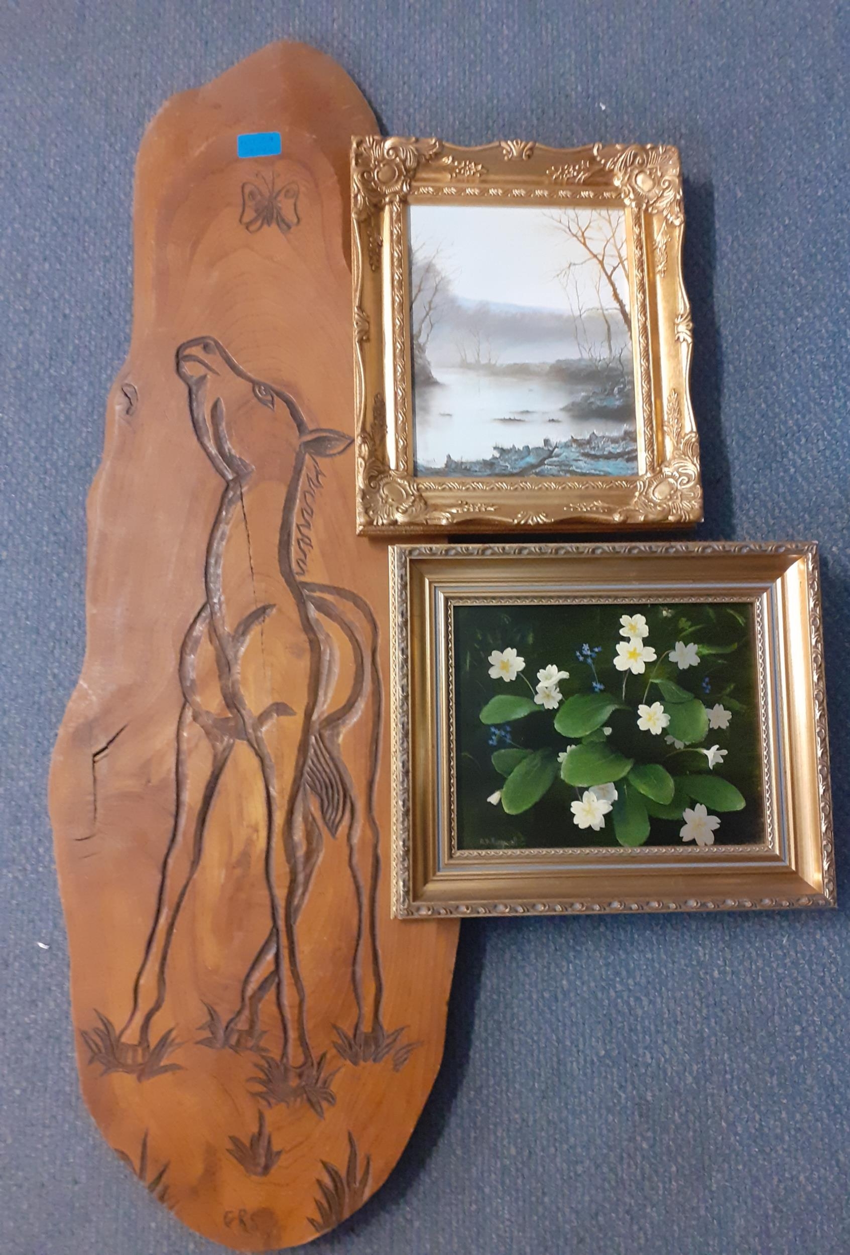 A.D Kirgwell-Two small oils on board and a carved wooden plaque of a horse looking up at a