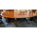 A reproduction Regency style mahogany and satin wood oval dining table, 75cm H x 214cm W. Location: