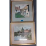 An unsigned watercolour of Mill End, Chesham, mounted in a gold painted frame, together with a