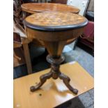 Victorian walnut games/work sewing table, the hinged top with inlaid games board, fitted interior,