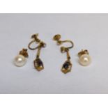 Two pairs of yellow metal earrings to include a pair of cultured pearl earrings, 4.6g Location: