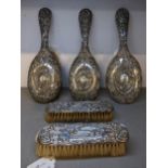 Silver backed dressing table items with embossed ornament (5) Location: