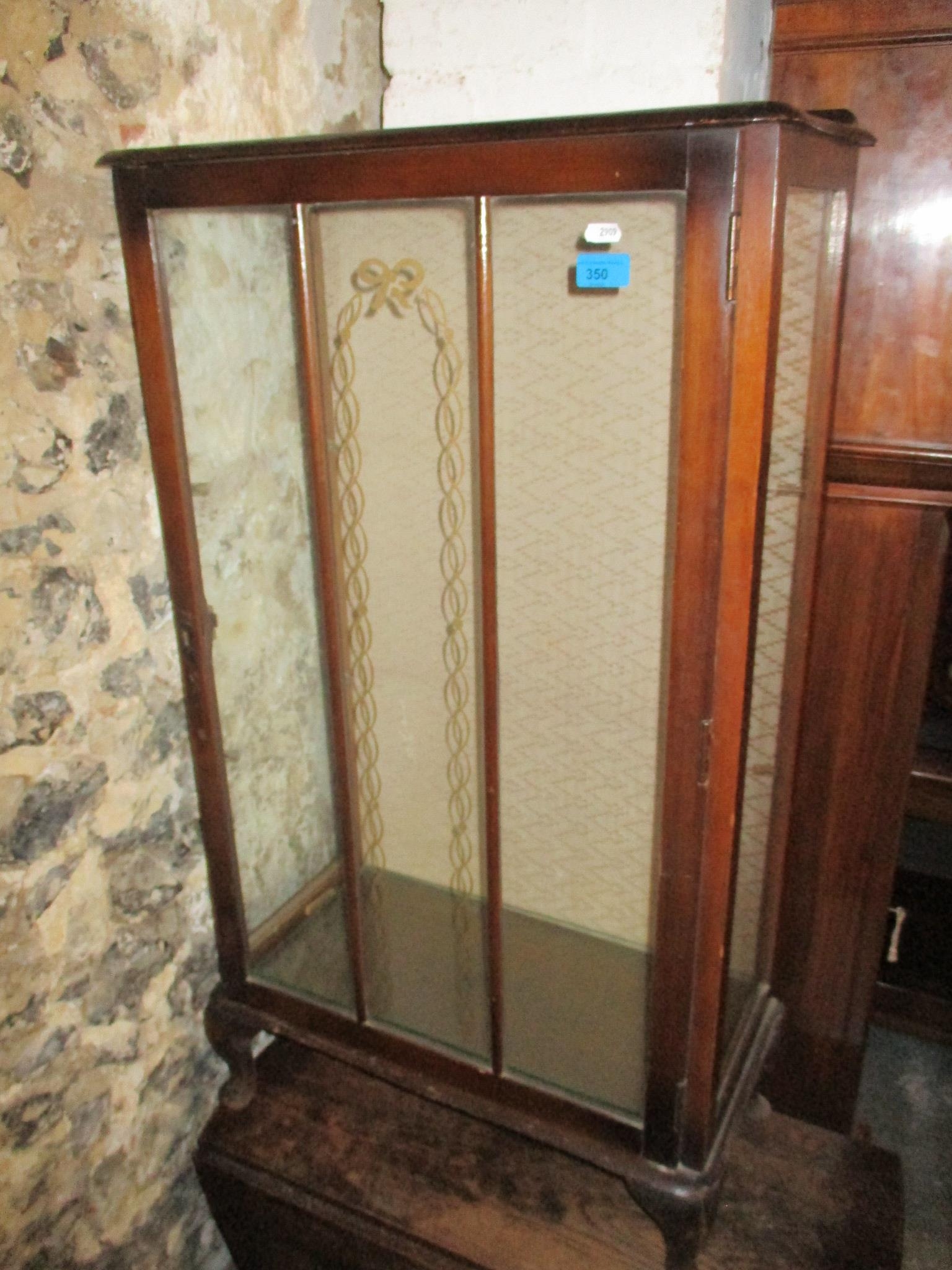 An early 20th century mahogany display cabinet with glazed door and glass internal shelves, on short - Image 2 of 3