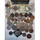 A mixed lot of British and Worldwide coins to include an 1854 penny, George IV florins,