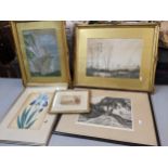 Mixed pictures to include an Otto Fischer engraving, landscape watercolour signed Badek to the lower