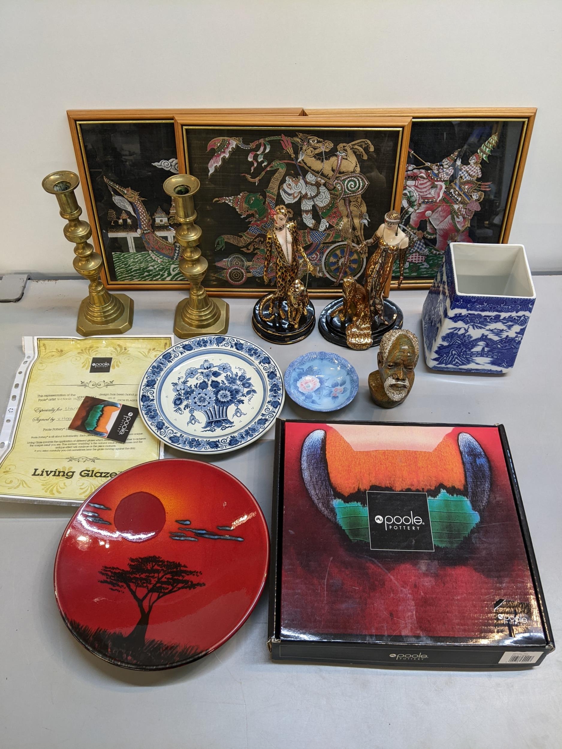 A mixed lot to include a pair of Erte Franklin Mint figures, boxed, Poole pottery plate with