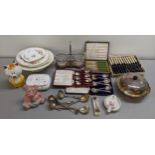 Ceramics and silver plate to include a muffin dish, spoons, fish knives and forks, a Wade Natwest