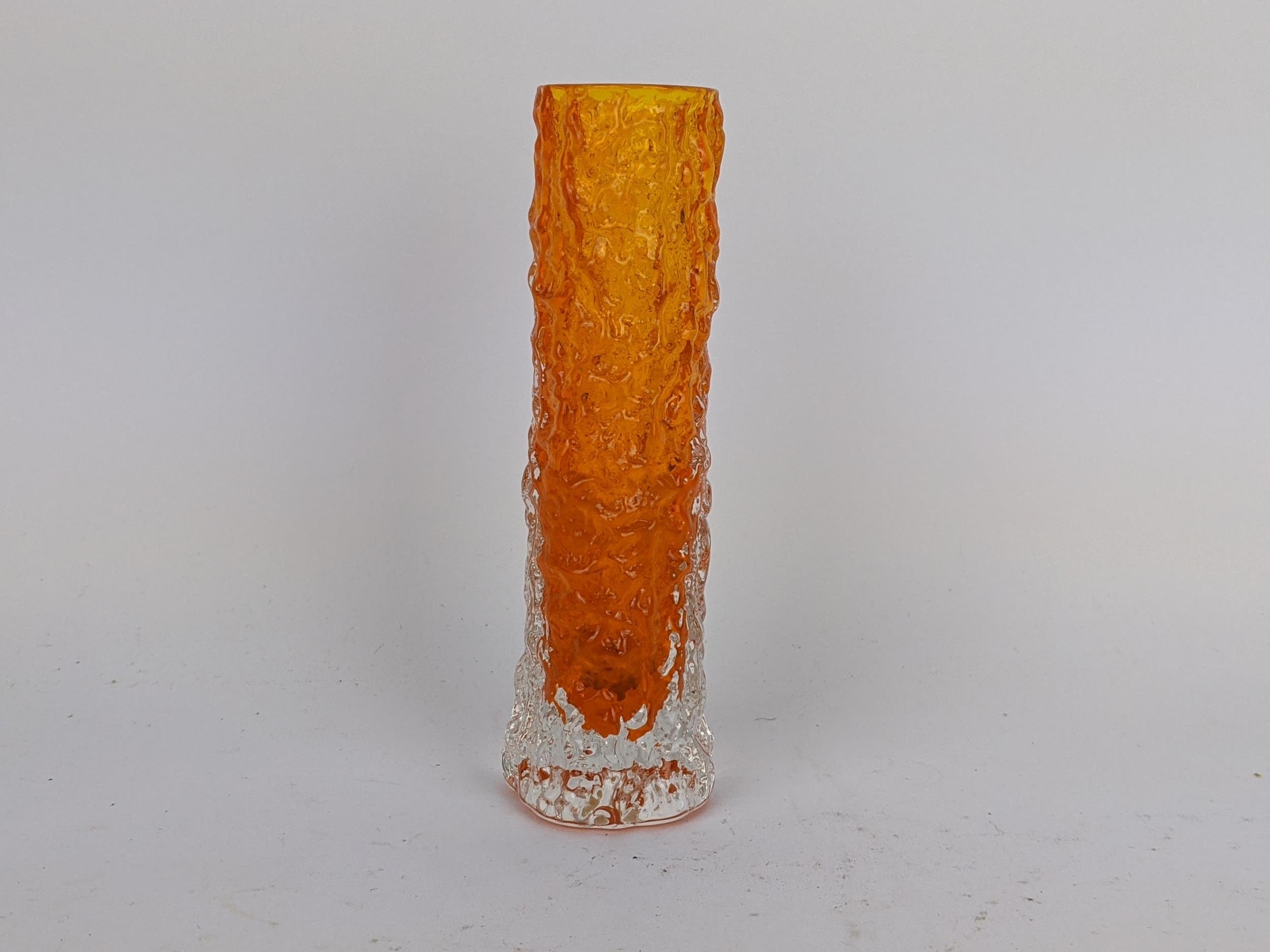 A Whitefriars tangerine and clear glass Bark vase, design by Geoffrey Baxter of cylindrical form,