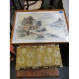 A Chinese framed and glazed machine and hand woven river landscape picture with a mountain to the