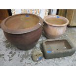 A salt glazed garden planter, a smaller terracotta planter with twin handles, a small stoneware