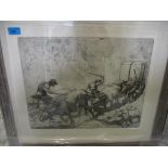 Sergio Vatteroni (Carrara 1890-1993) - signed engraving, men and bulls pulling a cart of stone in