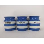 Three T G Green Cornish kitchen ware storage jars, comprising of Rice, Sugar and Coffee, each with a