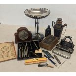 A mixed lot of items to include a silver plated tazza, hop flask, pens to include Parker fountain