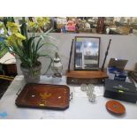 A mixed lot to include an Edwardian inlaid mahogany galleried tray with twin brass handles, a