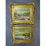 Pair of 20th century Dutch style Winter scenes, oils on board, depicting ice skaters on a river in