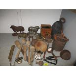 A mixed lot of kitchenalia and other household implements to include a matched pair of cast iron