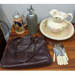 Collectables to include a wire mesh clad soda syphon, a reproduction wash jug and bowl Location: