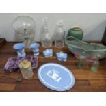 Ceramics and glassware to include Wedgwood blue Jasper stoneware, a glass table lamp and shade, a