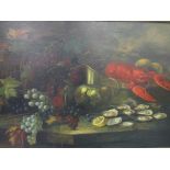 J van Steemsel (Belgium) - still life, table of oysters and lemons, a lobster, and a basket of