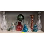 Mixed glassware to include a pair of grapevine etched decanters, ball on stand and others Location: