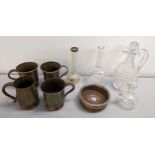 A mixed lot to include a wine coaster, glassware including a decanter and four tankards Location: