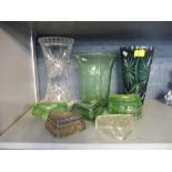 Three glass vases to include a green overlaid and cut vase and a group of late Victorian pressed