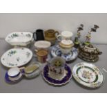A mixed lot to include an 18th century Derby sugar bowl, lustre cup, octagonal compote dish, Frog