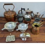 Metalware to include a silver plated coffee pot, teapot, a copper kettle, pewter tankards, and other