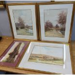 George Oyston - a landscape with a hill, two landscapes with rivers, watercolours, each framed and