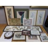 Pictures to include Thames related prints, Masereel, and others, along with an oak cased barometer