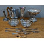 Mixed silver plate to include a Clan Line vase embossed centre piece and other items Location: