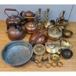 A selection of Victorian and later copper and brassware to include a Victorian copper kettle