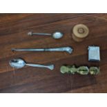 Collectables to include two silver spoons, a silver vesta, a button hook the handle fashioned as a