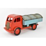 A mid 20th century Leeway dustbin truck, in painted blue and red tin, the back with factory stamp,