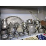 Pewter, brass and copper to include tankards, teapots, salts, chestnut roaster, fire irons, jugs,