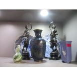 A pair of French Industry patinated spelter figurines, and a group of Japanese and Chinese ceramics,