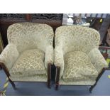 Edwardian inlaid mahogany Sheraton revival three-piece suite upholstered in a green leaf design,