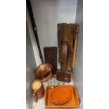 A mixed lot to include stoneware items, bedpan, South/Southern Asian panels and other treen