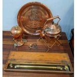 Copper to include an egg coddler, a spirit kettle, a Johnnie Walker tray, and a brass and rosewood