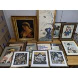 Pictures to include a portrait oil on plywood reproductions of Japanese wood block prints and