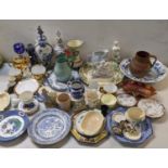 A mixed lot to include Delft, hock glass, carnival ware bowl, Belleek, pot lid and other items