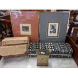 A mixed lot to include a vintage Swiza brass cased carriage clock, two framed etchings to include