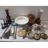 A mixed lot to include Victorian fire irons, resin pricket stand, wash bowl, nut cracker and other