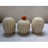 A Clarice Cliff Sweetcorn pattern preserve pot together with matching salt and pepper pots Location: