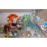 A quantity of glassware to include an orange carnival glass bowl and crystal models of mice, A/F,