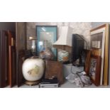 Oriental table lamps and bulbous vase a/F, mixed prints, a monitor, art books and other items