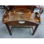 A reproduction mahogany finished butler's tray on stand 58cm h x 71cm w Location: