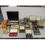 A mixed lot of silver plate and other metalware to include mainly flatware, cased set including