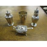 Silverware to include two pepperettes, one being Victorian; a mustard pot with blue glass liner